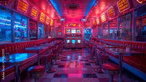 Vintage space diner, chrome and neon, alien patrons, jukebox playing cosmic tunes 