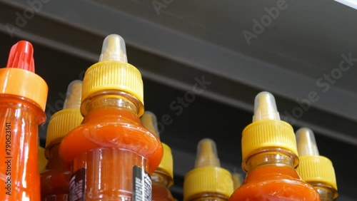 Close-up of a male hand taking a hot sauce bottle