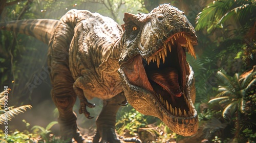 Ferocious tyrannosaurus rex roaring in a prehistoric jungle setting © Sippung