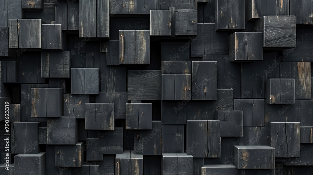 Explore the artistry of abstract wooden 3D cubes stacked against a black wood texture backdrop. Ai Generated. Explore the artistry of abstract wooden 3D cubes stacked against a black wood texture backdrop. Ai Generated.