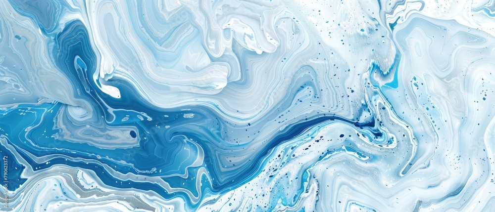 Dive into an abstract blue and white marbleized stone texture for a stunning panoramic banner backdrop. Ai Generated.