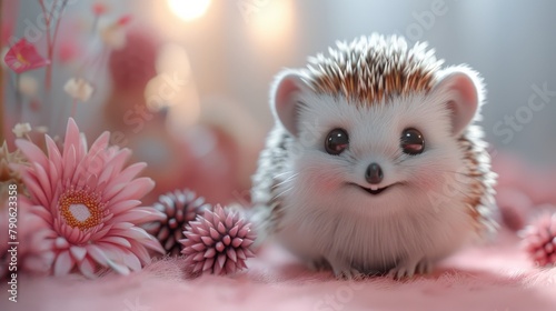 Adorable 3D rendered kawaii hedgehog surrounded by colorful flowers in a fantasy setting