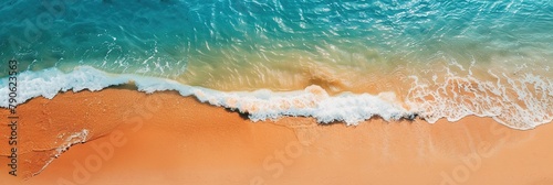 banner with waves surf with amazing blue ocean lagoon, sea shore, coastline. Relaxing aerial beach scene, summer vacation holiday template. aerial drone top view. Peaceful bright beach, seaside