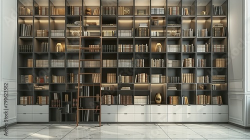 A white and grey bookshelves, doors and drawers on the lower part, the upper part is made with black side ladder like and wood shelves. Generative AI. photo