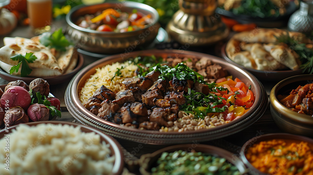 Arabic Cuisine Middle Eastern traditional lunch, It's also Ramadan, hyperrealistic food photography