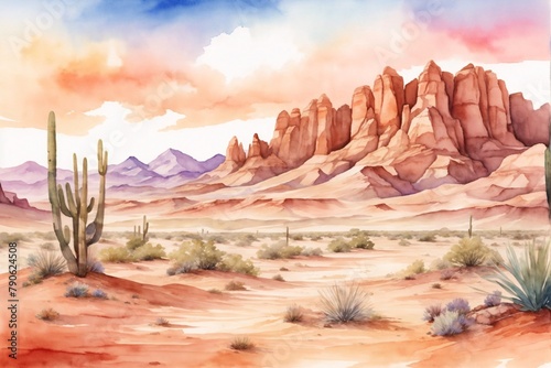 Watercolor Desert Landscape Background, Desert Wallpaper, Watercolor Painting of Desert Scenery, Watercolor Desert Background, Desert Landscape, AI Generative
