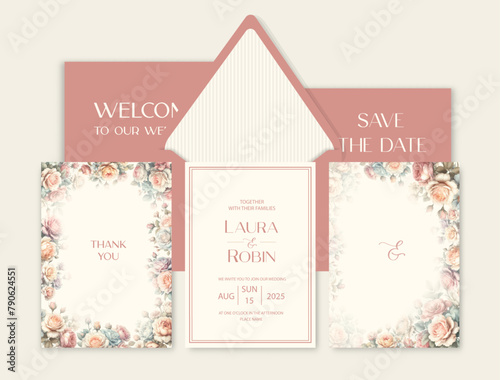 Luxury wedding invitation card background with watercolor roses flower and botanical leaves.