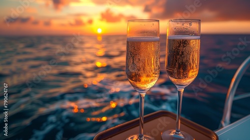 Champagne in the glass on tray for serving to passenger tourist on luxury catamaran boat yacht sailing in the ocean at summer sunset. Summer travel vacation trip and celebration holiday event concept