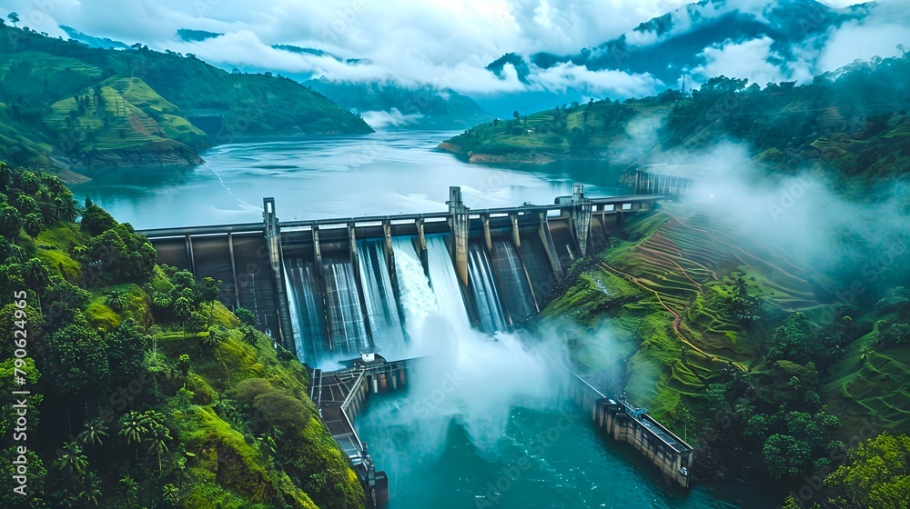 Majestic dam nestled in misty mountains, a serene artificial lake forms. Serenity meets human ingenuity. Scenic landscape photography. AI Majestic dam nestled in misty mountains, a serene artificial lake forms. Serenity meets human ingenuity. Scenic landscape photography. AI