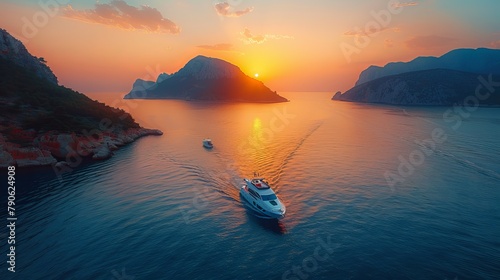 Fototapeta Naklejka Na Ścianę i Meble -  Aerial view of the speed boat in clear blue water at sunset in summer. Top view from drone of fast floating yacht in mediterranean sea. Travel in Oludeniz, Turkey. Tropical landscape with motorboat