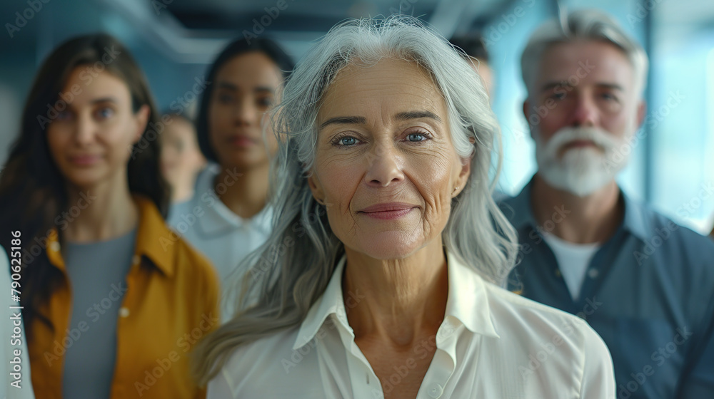 Attractive businesswoman woman posing at her work place with coworkers in the background. Generative AI Attractive businesswoman woman posing at her work place with coworkers in the background. Generative AI