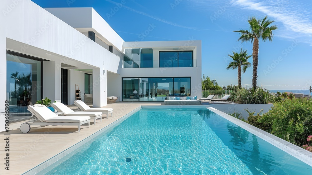 Modern white villa with pool, beach house, blue sky, swimming pools and sunbeds. Generative AI.