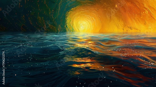 Vivid sunset colors reflecting on dynamic ocean waves in a swirling lagoon