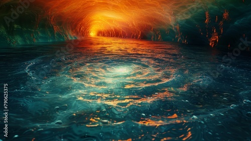Vivid sunset colors reflecting on dynamic ocean waves in a swirling lagoon