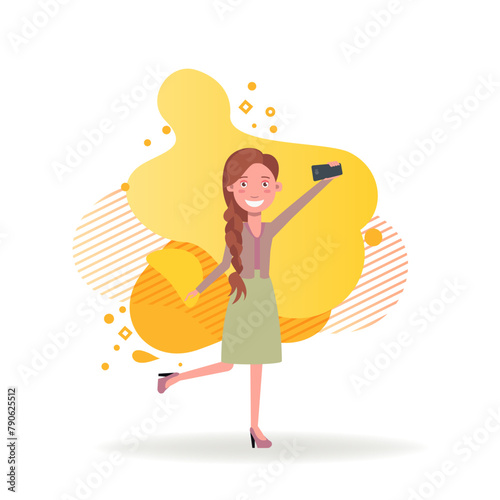 Stylish woman taking selfie flat vector illustration. Female blogger using smartphone for taking photo or video. Vector illustration. Lifestyle, fashion, social media concept for web design, banner