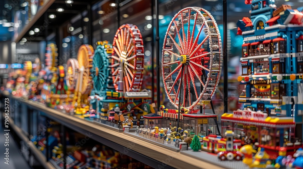 Interior view and selective focus at lego amusement and ferris wheel theme collection, inside the exhibition hall inside Lego House.