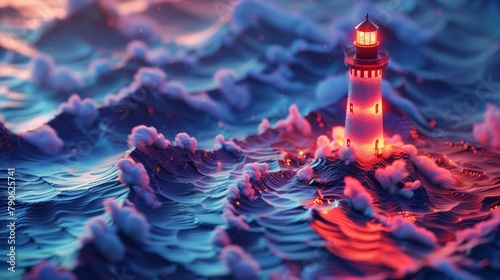 Stunning Isometric Lighthouse Illuminating a Vibrant Digital Ocean at Night