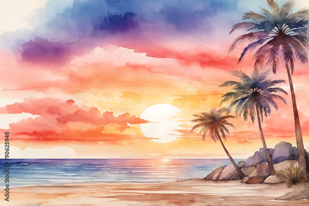 Watercolor Sunset Beach Landscape, Watercolor Sunset Beach Wallpaper, Watercolor Painting of Beach Scenery, Sunset Palm Beach Background, AI Generative
