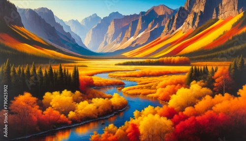 Lamar Valley in autumn scene, with vivid yellows, oranges, and reds of fall foliage photo