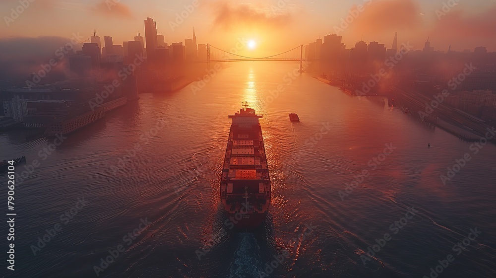 San Francisco aerial view from sea side. Port of San Francisco in the front. City downtown and skyscrapers at sunrise San Francisco aerial view from sea side. Port of San Francisco in the front. City downtown and skyscrapers at sunrise