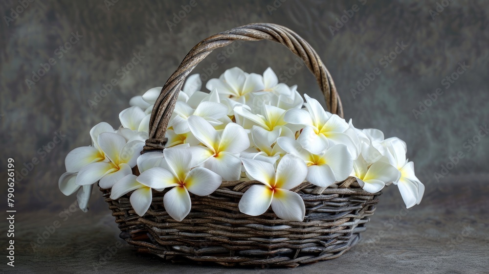 A basket filled with aromatic frangipani flowers from Asia as a gesture of affection A basket filled with aromatic frangipani flowers from Asia as a gesture of affection
