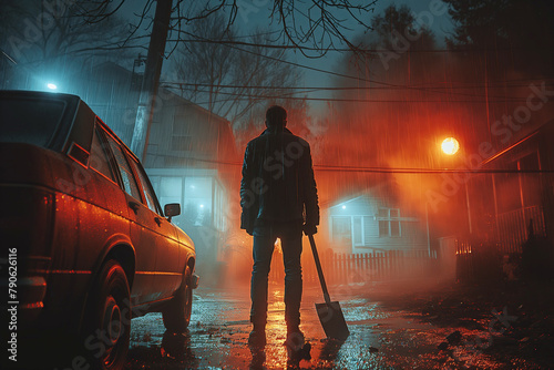 silhouette of maniac killer male with a shovel in hand near a car in city at night in the rain