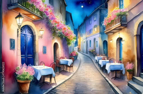 watercolor postcard with an old medieval European night street with an outdoor cafe