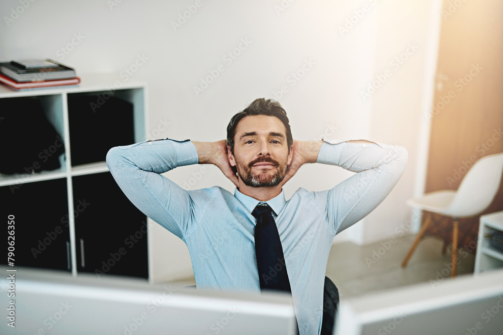 Naklejka premium Business man, portrait and stretching at office desk for accounting, finance and startup or budget solution. Accountant, broker or worker on a break, done or relaxing with smile for confidence in job