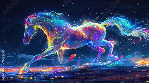 Vibrant neon horse, shimmering with iridescent colors, surreal midnight backdrop