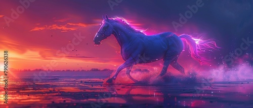 Mystical horse bathed in neon light  iridescent and vibrant  roaming through a landscape