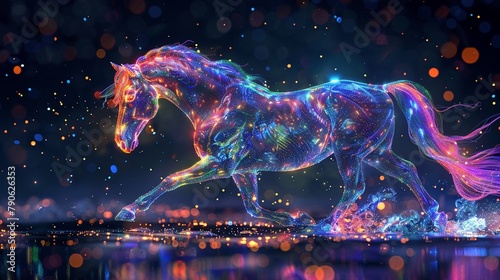 Vibrant neon horse, shimmering with phantasmal iridescent colors, surreal midnight backdrop