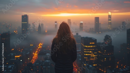 Woman with long hair overlooking a cityscape