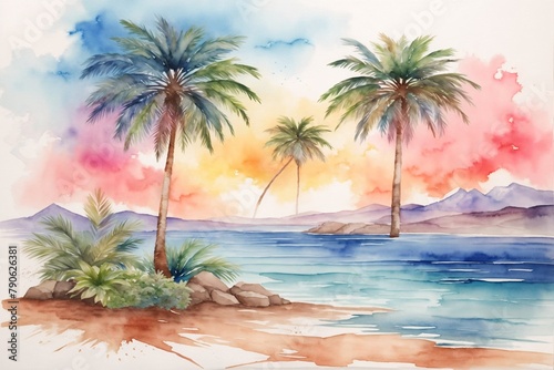 Watercolor Palm Island Background, Watercolor Palm Island Wallpaper, Watercolor Painting of Palm Island Scenery, Palm Island Background, AI Generative