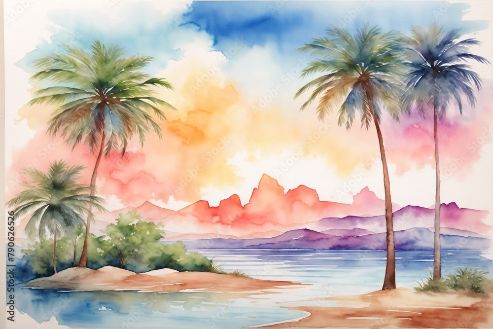 Watercolor Palm Island Background, Watercolor Palm Island Wallpaper, Watercolor Painting of Palm Island Scenery, Palm Island Background, AI Generative
