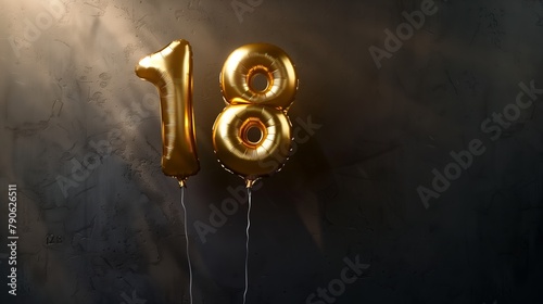 Golden foil balloon number 18 on dark background. Gold birthday decoration photo