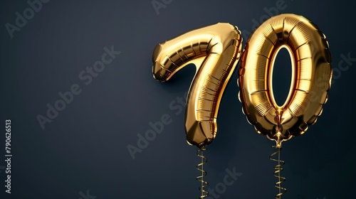 Golden foil balloon number 70 on dark background. Gold birthday decoration