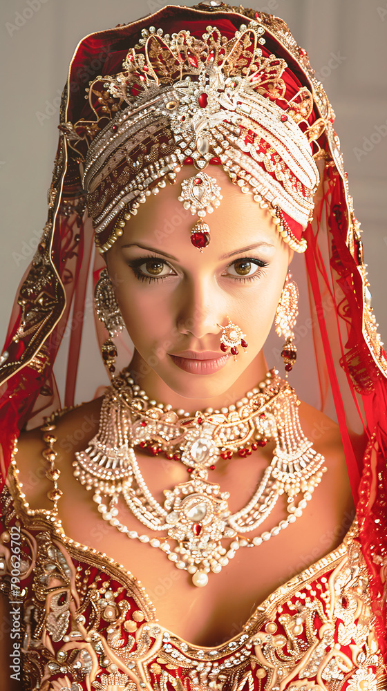 Beautiful young woman wearing traditional Indian clothes and jewelry, women's beauty fashion concept