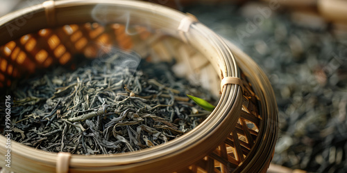 In the bamboo woven dustpan, there are slightly yellowed tea leaves scattered, close-up shot from a top-down angle highlights the tea leaves being baked by hot air. Generative AI.