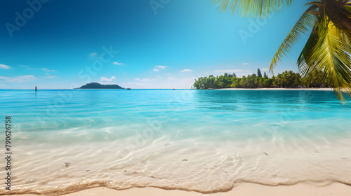  Imagine 3d     Sunny tropical ocean beach with palm trees and turquoise water background © Oksana