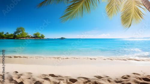  Imagine 3dSunny tropical ocean beach with palm trees and turquoise water background