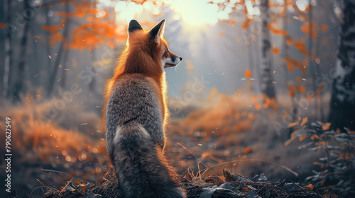 Fox from behind at the forest. Generative AI. photo
