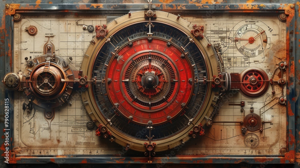 Intricate mechanical clockwork with gears, wheels, and dials on a rustic background
