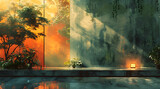 Golden Twilight: Watercolor Garden Scene with Ethereal Indoor Light Reflections