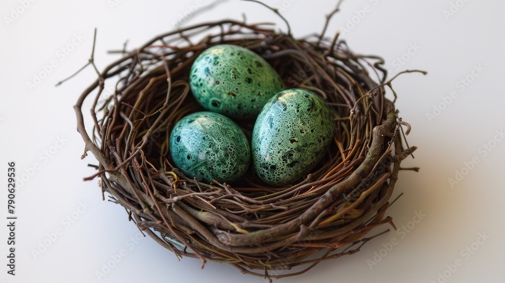 Symbolic representation of three green eggs in a bird s nest on a white backdrop conveying a message of future environmental commitment Symbolic representation of three green eggs in a bird s nest on a white backdrop conveying a message of future environmental commitment