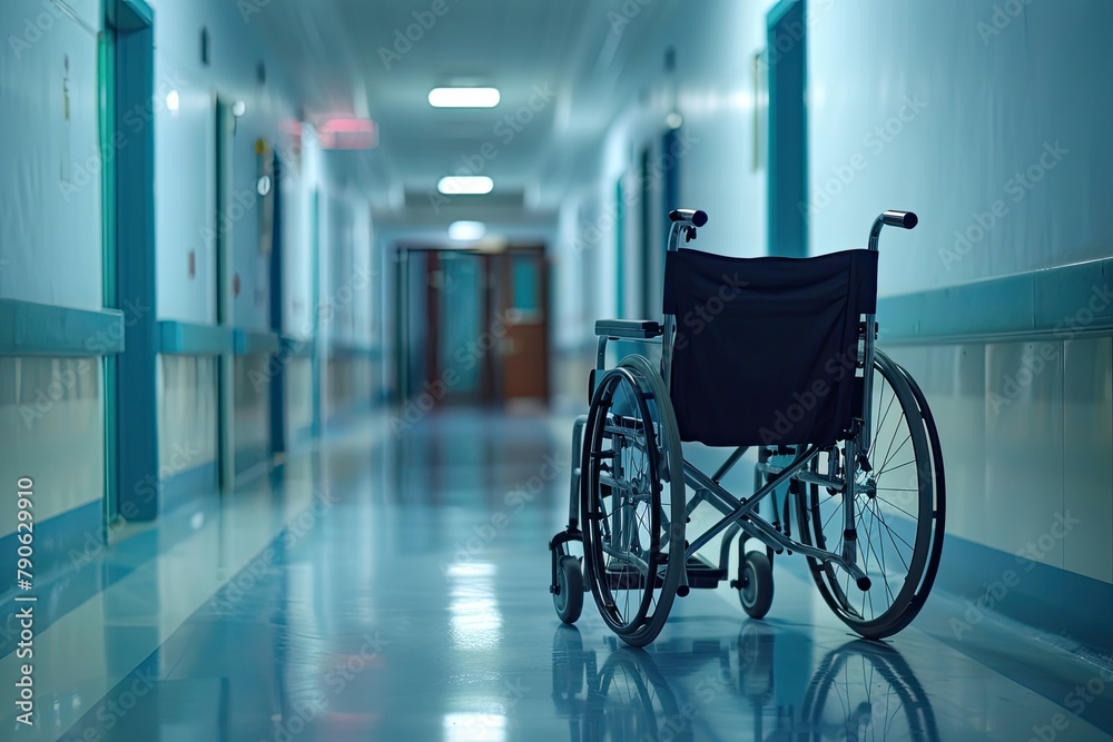 An unoccupied wheelchair stands in a quiet hospital hallway, evoking themes of medical care, recovery, and accessibility.