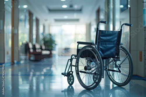 An unoccupied wheelchair stands in a quiet hospital hallway, evoking themes of medical care, recovery, and accessibility. © Wan