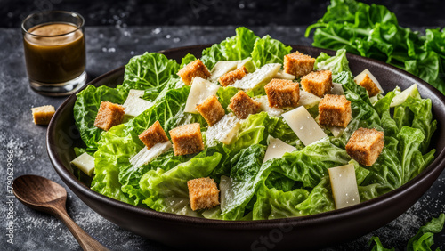 Caesar salad on a dark background.