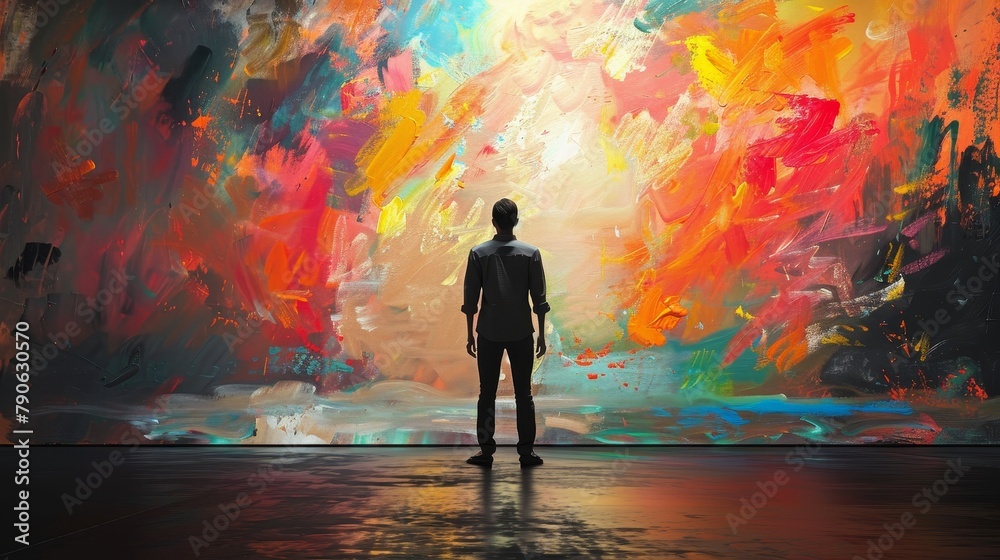 Man Enthralled by Large Abstract Art Canvas