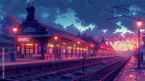 Serene twilight at a quaint railway station in vibrant isometric style © Vilayat