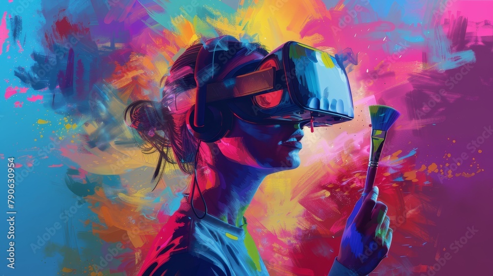 Woman with VR Headset Immersed in Colorful Creativity